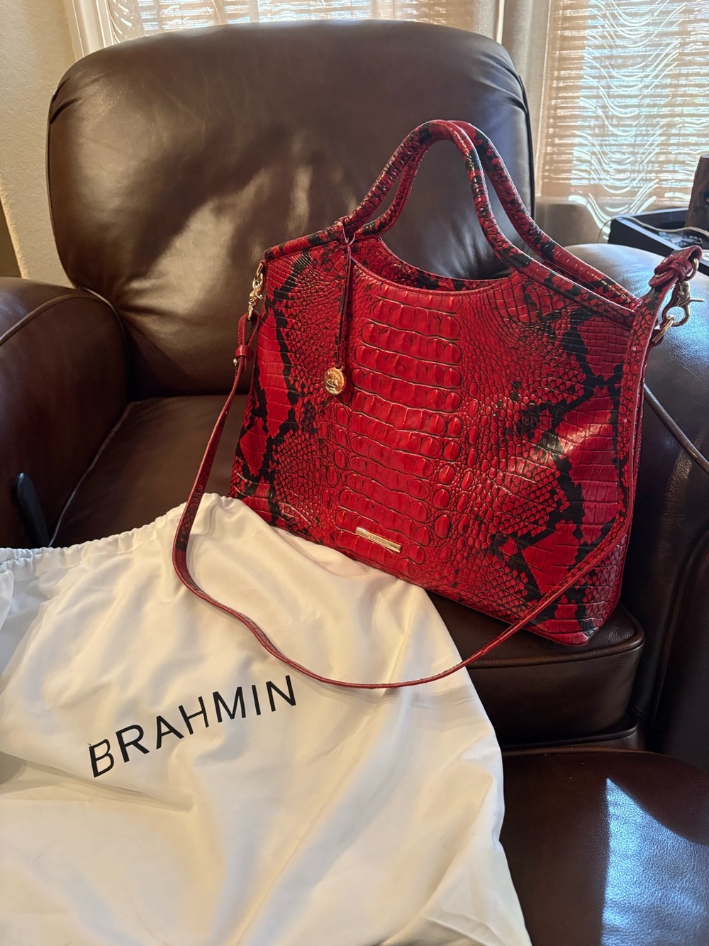 Brahmin Lipstick Elaine Red & Black Snake-Embossed Large Bag with Shoulder Strap
